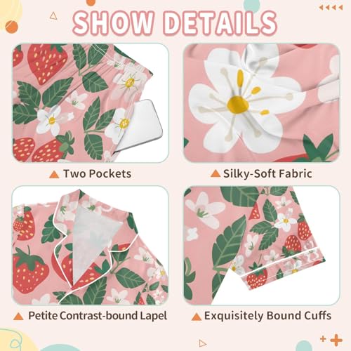 senya Strawberries on Flowers Satin Summer Pajama Sets Silk Short Sleeve Button Down Sleepwear3