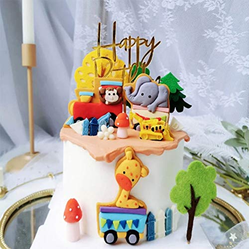 Forest Animal Train Cake Toppers - Set Of 14 - Handmade Clay Monkey,Giraffe,Elephant Train, Tree, Clouds, Sun And Happy Birthdany Cake Topper #TOP2