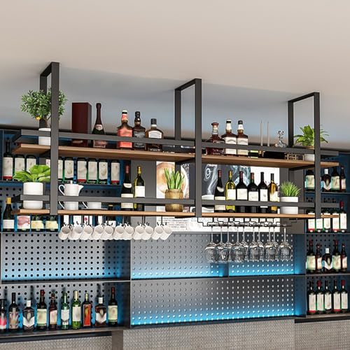 Portabottiglie da Soffitto - Porta Bicchieri Sospesi 2 Strati Industriale, Espositore Portabottiglie per Vino Con Guardrail, Facile da Installare, per Cucina Bar Caffetteria (100×30×80cm, Black)
