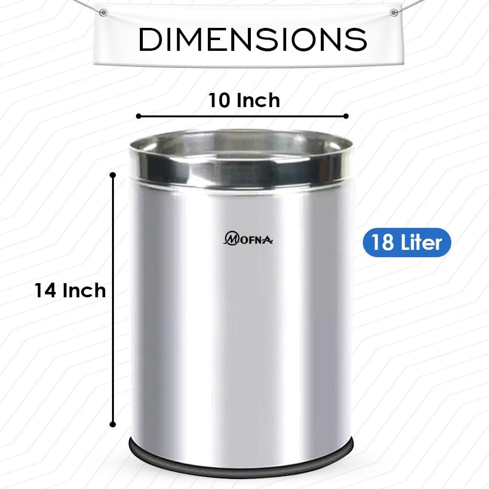 mofna Stainless Steel Open Type Solid Dustbin Without Lid - Recycle Bin, Trash Can, Paper Bin - Modern and Durable Waste Management Solution (10x14 Inch, 18 Liter, Silver) 1