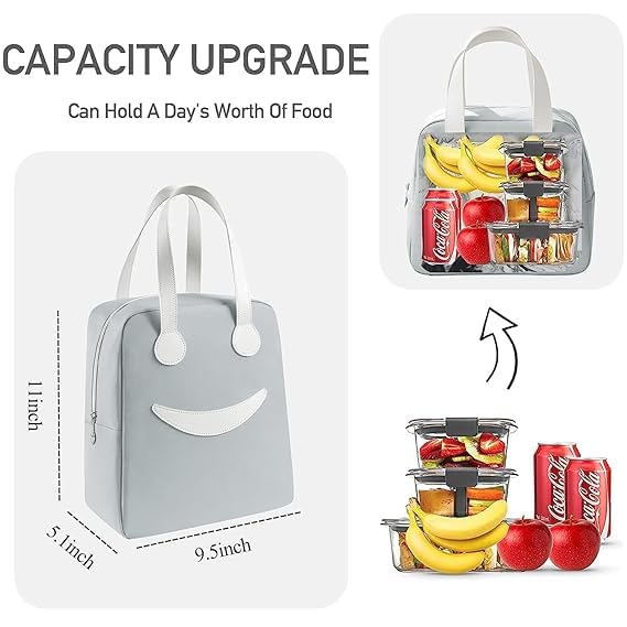 Image of Lunch Bag for Women Men, Gray, Large | Thermal Insulated, Waterproof, Reusable, Office School Travel, Smiley Lunch Bag