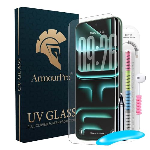 Image of ArmourPro UV Glue Tempered Glass for Infinix Note Edge Curved Screen Protector, 9H Anti Scratch, Edge-to-Edge Coverage, HD Clarity, Easy UV Kit with Cable Protector