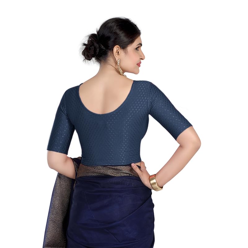 Image of FINESTFIT Round Neck Stretchable Elbow Sleeve Readymade Saree Blouse for Women, 100% Cotton Dobby Fabric