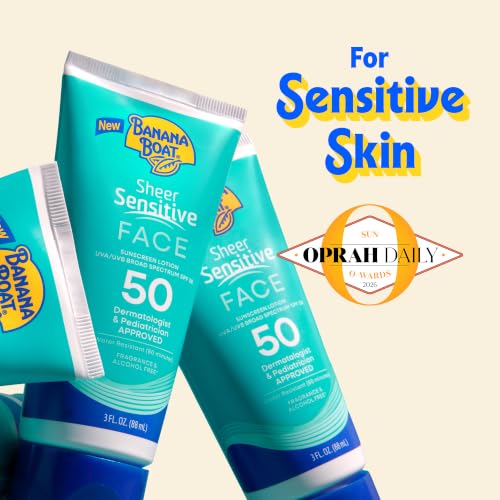 Image of Banana Boat Sheer Sensitive Face Sunscreen Lotion SPF 50, 3 Fl Oz | Travel size sunscreen for face, Lightweight formula, Water resistant sunblock, Quick sheer application