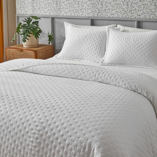 Kit Cobre Leito Colcha Queen 3pç Dupla Face Ponto Cruz 300 fios- Branco