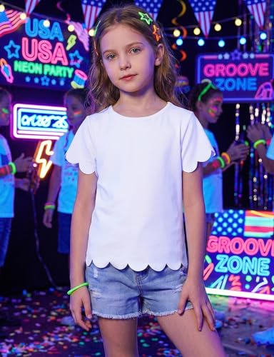 Image of Noomelfish Girls Short Sleeve Scalloped Edge T-Shirts Casual Cute Summer Tee Tops Blouse (5-12 Years)