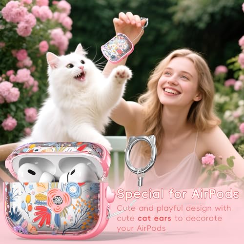 Image of for AirPods Pro 2 Case with Cleaning Kit, Cute Cat Ear Print Design & Cute Buckle for Girls, Phone Holder & Top Safe Lock Buckle Design for AirPods Pro 2nd /1st Gen case, Clear Flowers