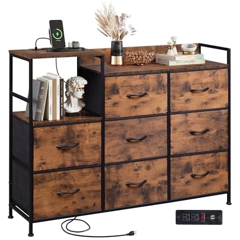 WLIVE Dresser TV Stand for Bedroom with Charging Station, Wide Storage Chest of Drawers with 8 Large Fabric Drawers and Open Shelves, Storage Organizer Unit for Closet, Living Room, Rustic Brown Cover