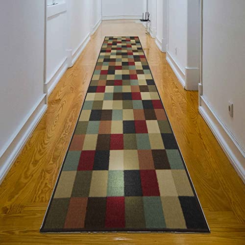 Ottomanson Ottohome Collection Non-Slip Rubberback Checkered Design 3X10 Indoor Runner Rug, 2'7" X 9'10", Multicolor #TOP3