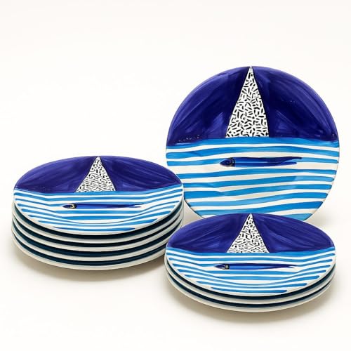 Generico Set da 6 Piatti piani in ceramica stile Vietrese Ø 24 cm dipinti a mano- piatto da portata e servizio da Tavola -Vietri-Costiera Amalfitana-Caltagirone-Sicilia-0108251200-6