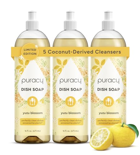 Image of Puracy Natural Dish Soap - Skin-Softening Dishwashing Soap, Non-Toxic Dish Soap, Organic Liquid Dishwashing Detergent Soap, Coconut-Derived Cleanser (Yuzu Blossom, 16 fl oz, 3 Pack)