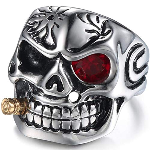 Jude Jewelers Vintage Stainless Steel Gothic Skull Smoking Bullet Biker Cocktail Party Ring (Red Stone, 10)