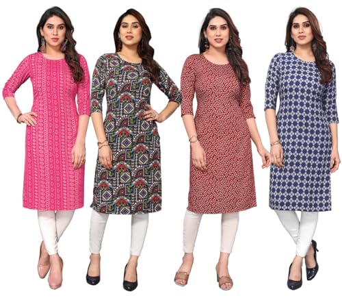 Image of JAKHANA Women's Crepe Printed Casual Straight Calf Length Round Nick Kurta Pack of 4