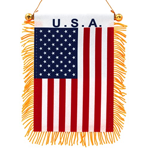 Anley 4 X 6 Inch American Fringy Window Hanging Flag - Mini Flag Banner & Car Rearview Mirror Dcor - Fringed & Double Sided - US National Hanging Flag with Suction Cup