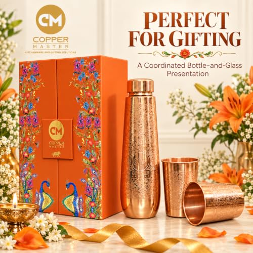 Image of Copper-Master Pure Copper Water Bottle 1L & 2 Glasses Set, Polo Etched