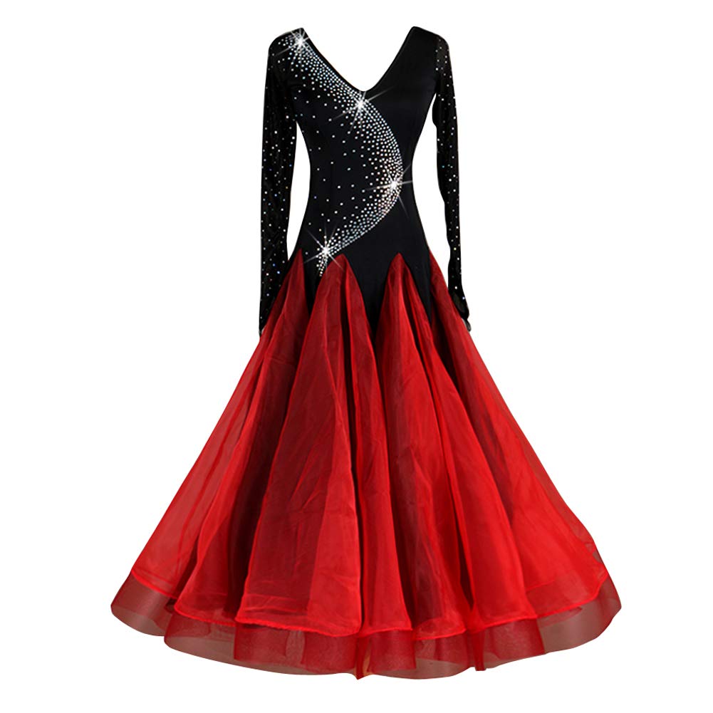 Amazon.co.jp: LNIGHT 黒×赤のドレス 長袖 Vネック 社交ダンス