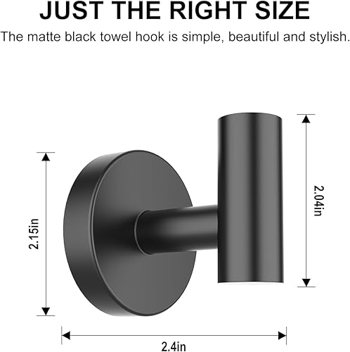 SetSail Towel Hooks for Bathrooms 4 Packs Screw-in Matte Black Bathroom Towel Hook Wall Mounted Stainless Steel Shower Towel Hooks for Coat Hanging, Drill Hole(Black,12 Packs)