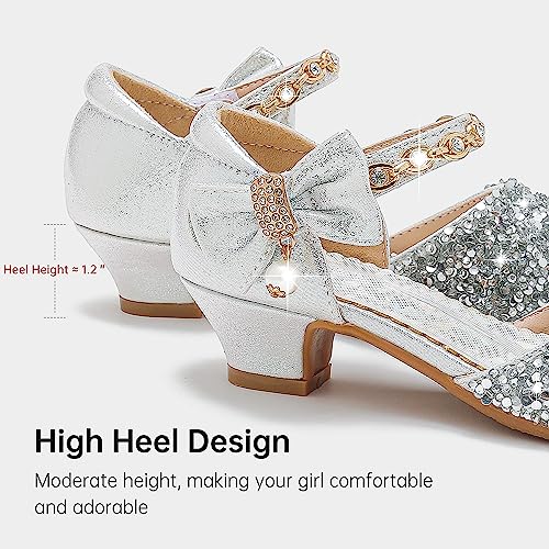 Image of Motasha Sparkly Girls Dress Shoes Kids High Heels Toddler to Big Kid | Glitter Closed Toe, Rhinestone Bow Straps, Hook-and-Loop Closure, Low Heel, Anti-Slip Outsole for Wedding Birthday Parties