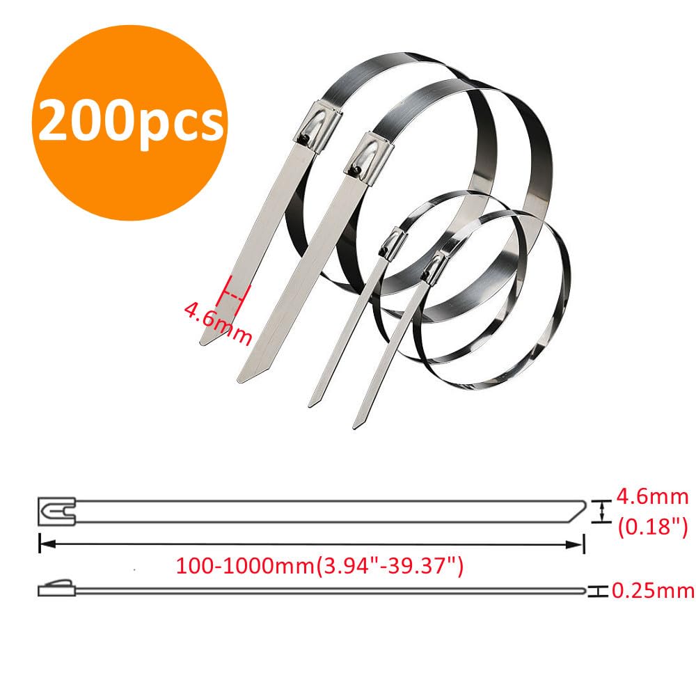 Bridas 10 20 100 Uds. Bridas de Metal de Acero Inoxidable for Cables de Escape, Bridas for Cables de Bloqueo multifuncionales Abrazaderas Plastico(200PCS,4.6x700mm)