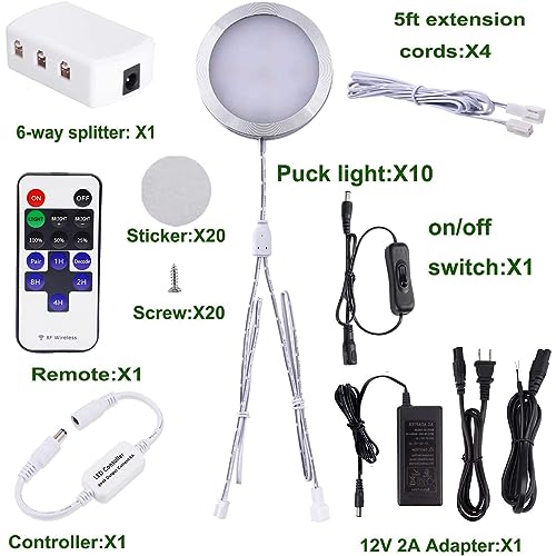 AIBOO Linkable Under Cabinet LED Lighting 12V Dimmable Puck Lights with Wireless RF Remote Control, Hardwired & Wall Plug in for Display Lighting(10 Lights, Daylight White)