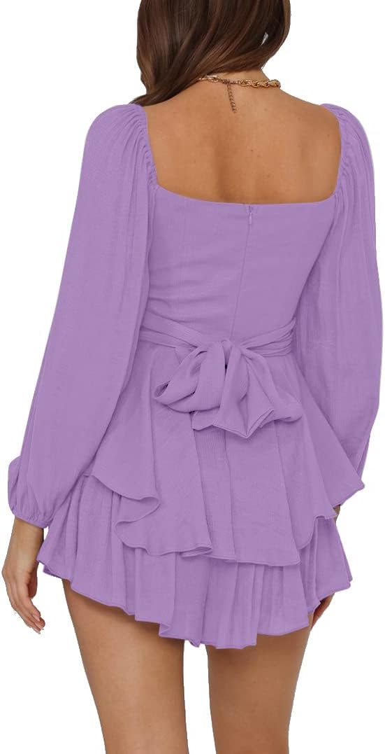 LYANER Women's Jumpsuit Lantern Long Sleeve Ruffle Layer Tie Mini Short Romper - Image 2