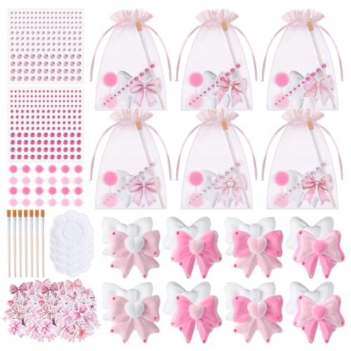 Gersoniel Conjunto de 24 conjuntos com tema de laço rosa, faça você mesmo, pintura em gesso, suas próprias estatuetas, conjunto de arte e artesanato, lembrancinhas de festa, kits de estátuas de