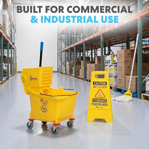 Image of SIMPLI-Magic Side Press Wringer Combo Commercial Mop Bucket on Wheels, 2-Pack, 35 Quart, Yellow, Including Wet Floor Caution Sign and Mop Set, Polyethylene