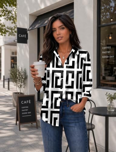 Image of Zeagoo Womens Blouses Satin Silk Tops 3 /4 Sleeve Button Down Shirt Geometry