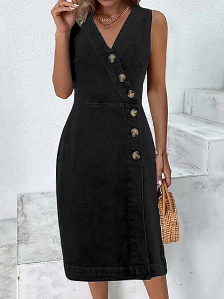 ORANDESIGNE Vestito Jeans Donna Estate Lungo Midi Abito Spalline Larghe Maglietta Senza Maniche Elegante Vestitino Denim Moda Casual Vestiti Cerimonia Dritti Cocktail da Sera