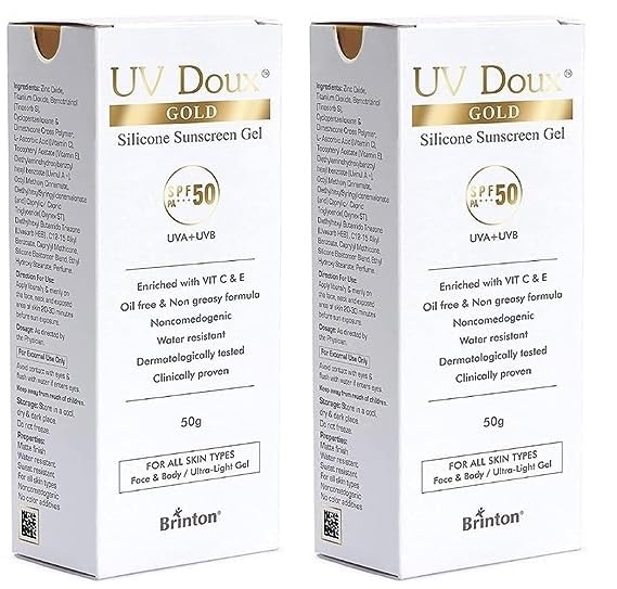 UV Doux Gold Silicone Sunscreen Gel SPF 50 PA+++|With Vitamin C & E|Broad Spectrum UVA/UVB Protection|Anti-Aging, Antioxidant-Rich, Water-Resistant Gel for Hyperpigmentation|Benzene-Free|50g x 2