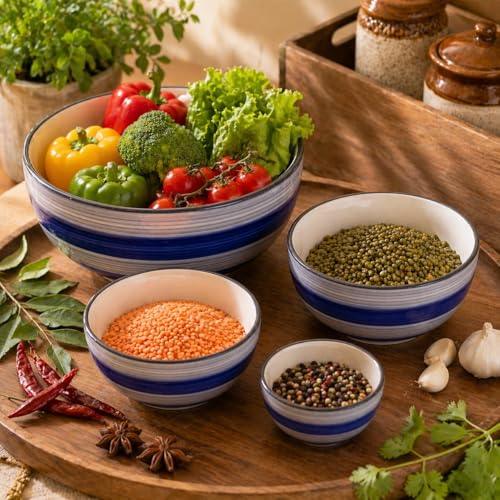 Image of Ceramic Mixing Bowl Set - 4 Pieces (1500ml, 800ml, 600ml, 400ml), Monsoon - Durable, Microwave & Dishwasher Safe - Ideal for Mixing, Serving & Storage