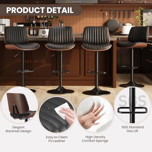 Image of MALOL Bar Stools Set of 1, Adjustable Counter Height Bar Chairs 26 inch-34.5 inch with Swivel & Footrest, Modern Faux Leather Barstools for Kitchen Island, Dining Room,Pub,Black