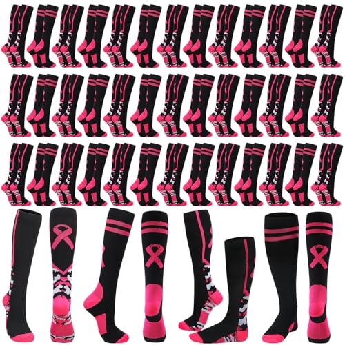 Foaincore 60 Pairs Breast Cancer Socks Bulk for Women Pink Ribbon Football Knee High Socks Breast Cancer Awareness Accessories Athletic Softball Volleyball Sport Gifts