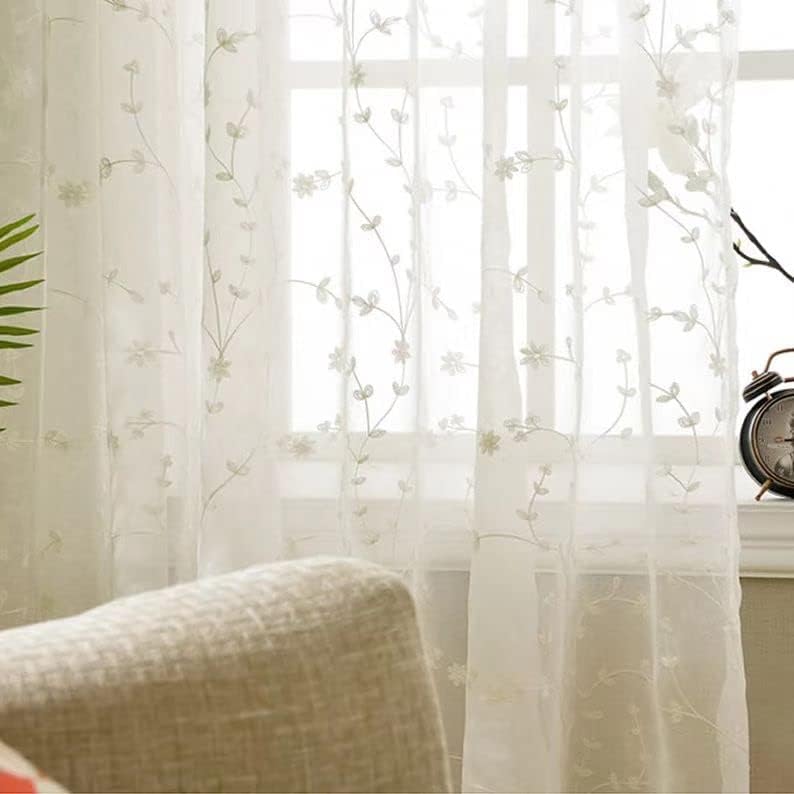 Floral Vine Embroidered Sheer Voile Bedroom Curtains Rod Pocket Voile Window Curtain for Living Room, Set of 2 Panels (54x96 Inch(W x L))