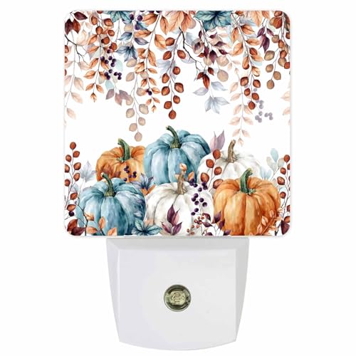 Image of Fall Thanksgiving Pumpkin Night Light Plug in LED Automatic Sensor Kids Night Lights, Farm Vintage Eucalyptus Leaves Night-Lights Plug into Wall for Bedroom Bathroom Kitchen Decor