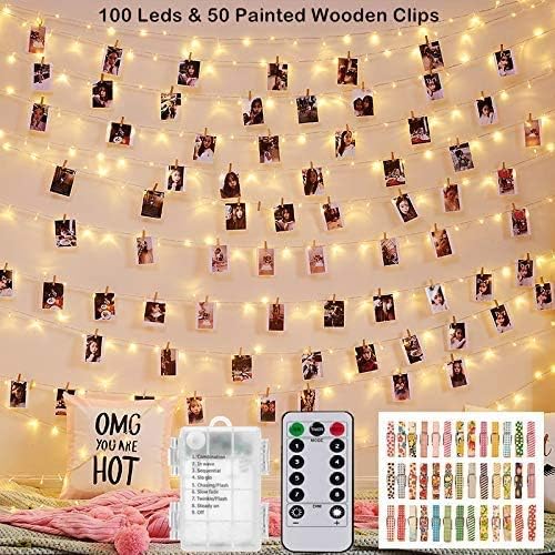 Magnoloran 33ft Wooden Photo Clips String Lights with Remote & Timer, 100 LED Lights & 50 Painted Clothespins Hanging Pictures, Battery Powered Twinkle Copper Wire Fairy Lights for Festival Decor