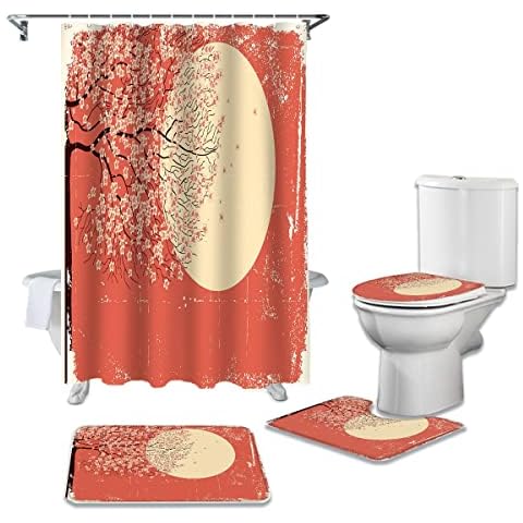 4 Pcs Shower Curtain Set With 12 Hooks Cherry Blossom Tree Moon With Anti-Slip Carpet Toilet Cover Bath Mat Durable Waterproof For Bathroom Decor Set Cover