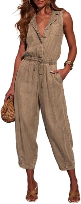 xzbailisha Women's Sleeveless Denim Jumpsuits V Neck Wide Leg Overalls One Piece Rompers