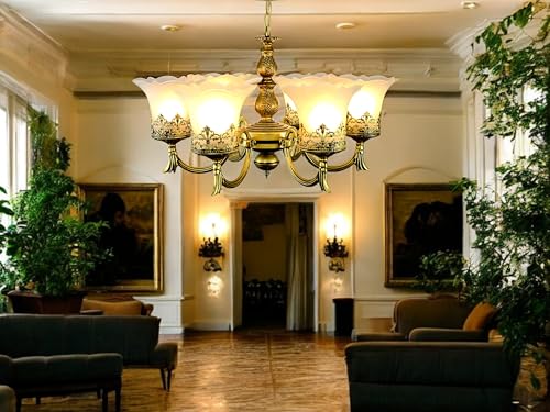 Image of Prop It Up Antique Chandelier, 6 Light Glass Shades, Antique Brass Finish, Victorian Style, Without Bulb