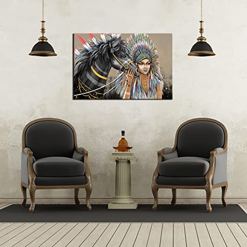 Indian Paintings For Wall Decorations Native American Women With Horse Print On Canvas Chief Vintage Picture Wall Art For Living Room Bedroom Frame Ready To Hang 24"X36" #TOP1