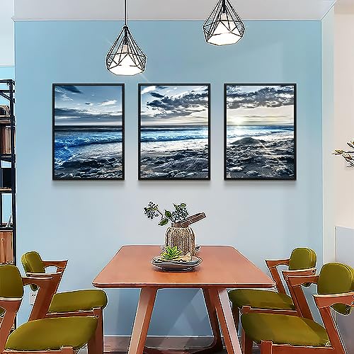 Black Framed Canvas Wall Art For Living Room Wall Decor For Bedroom Blue Beach Seascape Wall Pictures Ocean Landscape Paintings Artwork Office Decor Poster Prints Home Decoration 3 Piece Framed Art