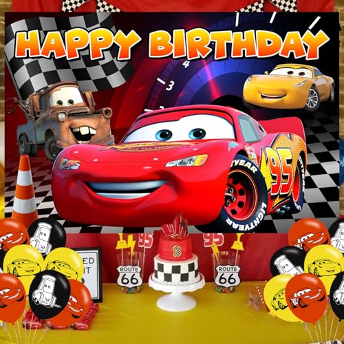 Image of Cartoon Car Birthday Decorations,Anime Backdrops for Party Decorations Supplies,Cartoon Car Happy Birthday Banner Backdrop for Party Supplies (5x3ft)