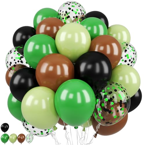 Image of Green and Brown Balloons, 50PCS 12 Inch Camouflage Green Black Brown Ballons, Dark Emerald Green Confetti Balloon for Camping Game Jungle Theme Camo Birthday Army Party Decorations