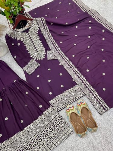 Image of Women's Heavy Embroiderd Work Purple Color Weding Wear Straight Kurta Sharara Set for Women with Dupatta