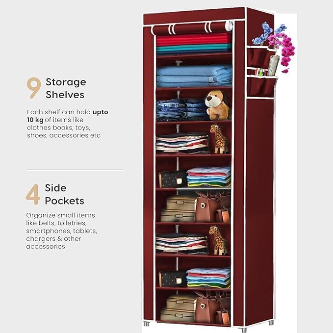 Image of Gevoli Multipurpose Collapsible Wardrobe Cabinet | Foldable Fabric Organizer with 6-9 Shelves | Portable Clothes Storage Rack for Bedroom, Home & Office (9, Maroon)