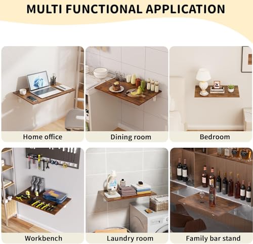 Image of Floating Desk for Home, Office, Study, Kitchen, and Dinner Computer Bar Laundry Room Wall Mounted Folding Table Wall Mounted Folding Desk for Space Saving (Teak)