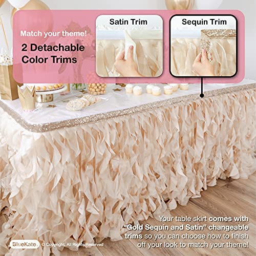 Bluekate Champagne Gold Table Skirt 6ft. Double Organza, Two Trims Party Tutu Table Skirt! Wedding Decorations Rustic Theme, Graduation, Gold Party Decorations. Table Skirts for Rectangle Tables 6ft - Thumbnail 3