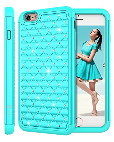 iPhone 6 Plus Case, iPhone 6 Plus Bling Case, Style4U Studded Rhinestone Crystal Bling Hybrid Armor Case Cover for iPhone 6 Plus 5.5 Inch with 1 HD Screen Protector and 1 Stylus [Teal/Mint Green]
