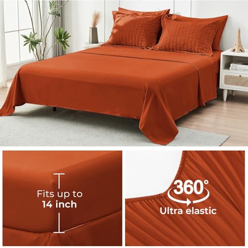 Image of HYMOKEGE Burnt Orange King Size Comforter Set Seersucker 7 Pieces, All Season Luxury Bed in a Bag for Bedroom, Bedding Set with Comforters, Sheets, Pillowcases & Shams