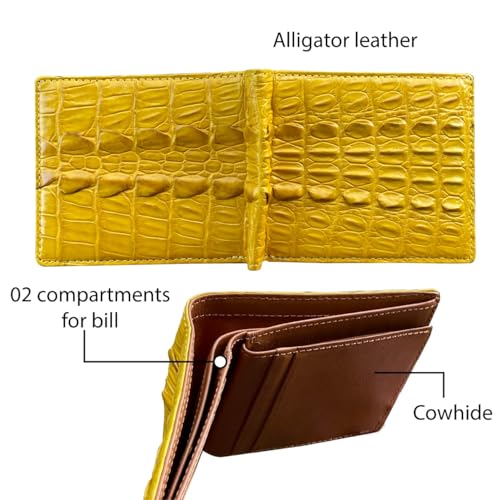 Image of HATA Yellow Exotic Bifold Leather Wallet with Hidden Compartment, Men's Minimalist RFID Blocking Wallet with ID Window & Credit Card Holder, Men Handmade Gift for Birthday, Father's Day VINAM-109
